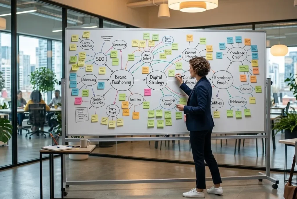 Content strategist mapping entity topic clusters on whiteboard for SEO
