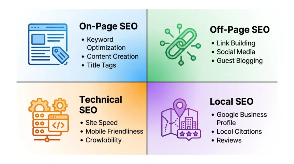Four types of Google SEO on-page off-page technical local
