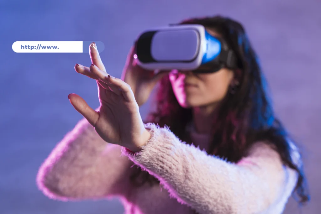 Woman wearing a VR headset going a search depicting the future of web design and SEO