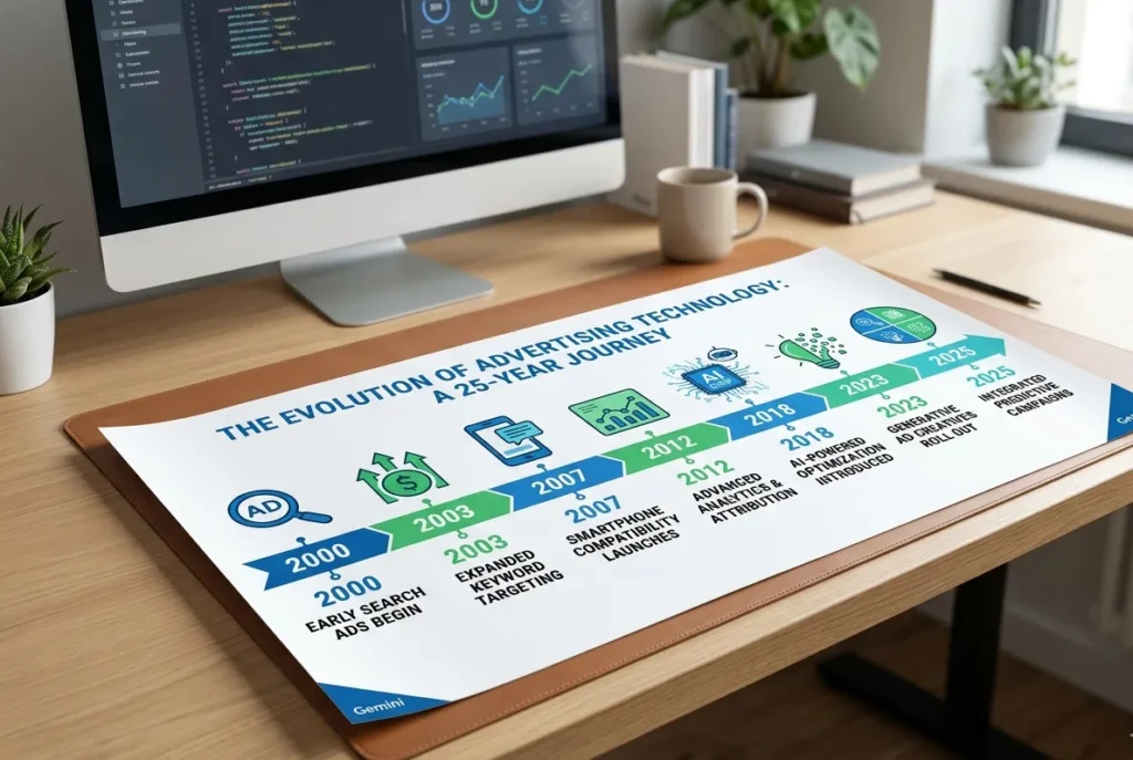 Google Ads evolution timeline from 2000 AdWords launch to 2025 AI updates
