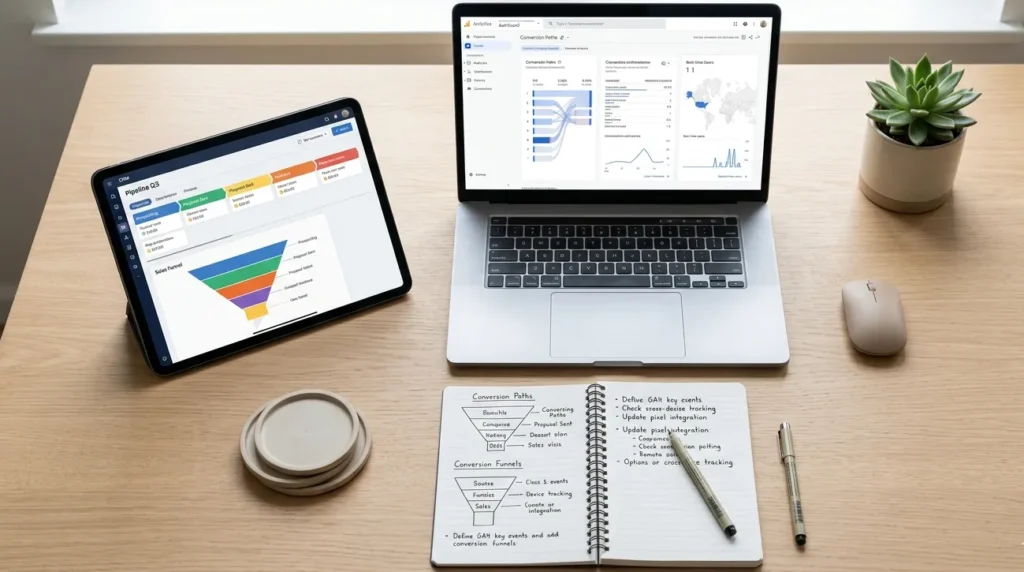 Google Ads conversion tracking and CRM data integration workspace