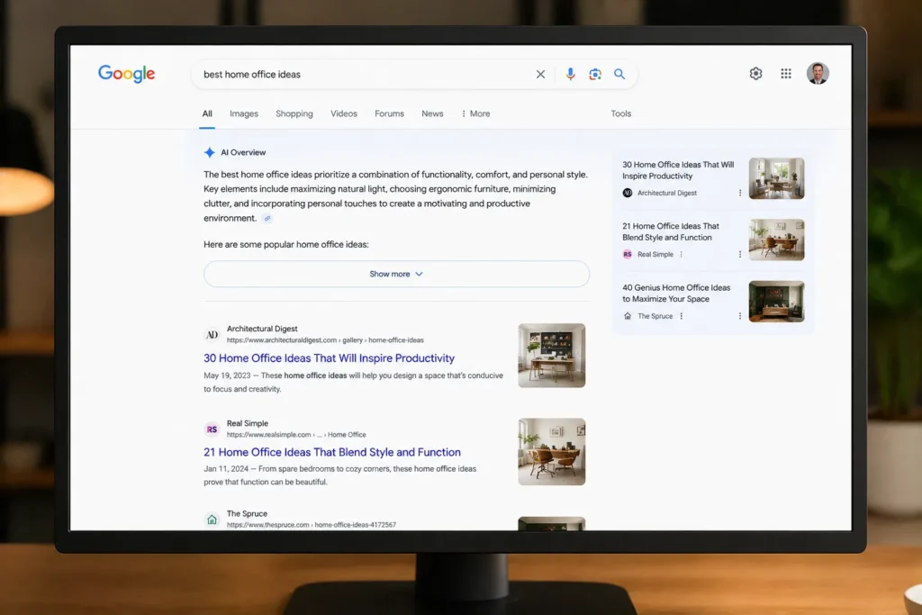 Will AI Replace SEO? What Smart Businesses Need To Know 2 Google search results page displaying AI Overview above organic SEO listings