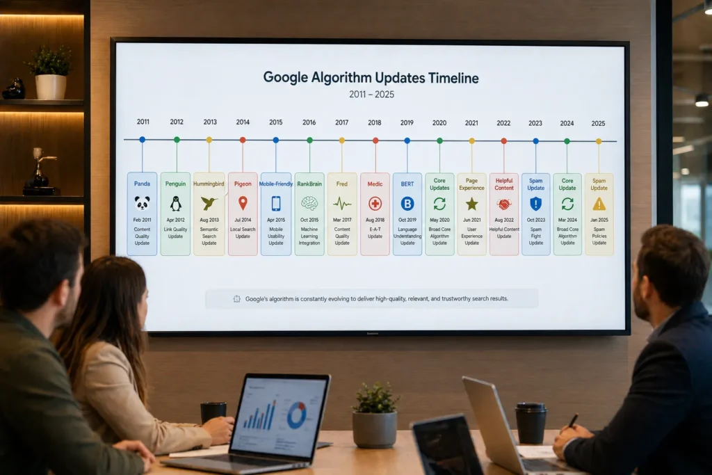 10 Signs Of SEO Over-Optimization Hurting Your Rankings 3 Google algorithm update timeline Panda Penguin Hummingbird