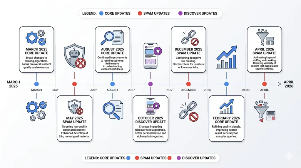 Google Core Updates 2026: Timeline, Changes & Recovery 1 Timeline of Google algorithm updates from March 2025 through April 2026