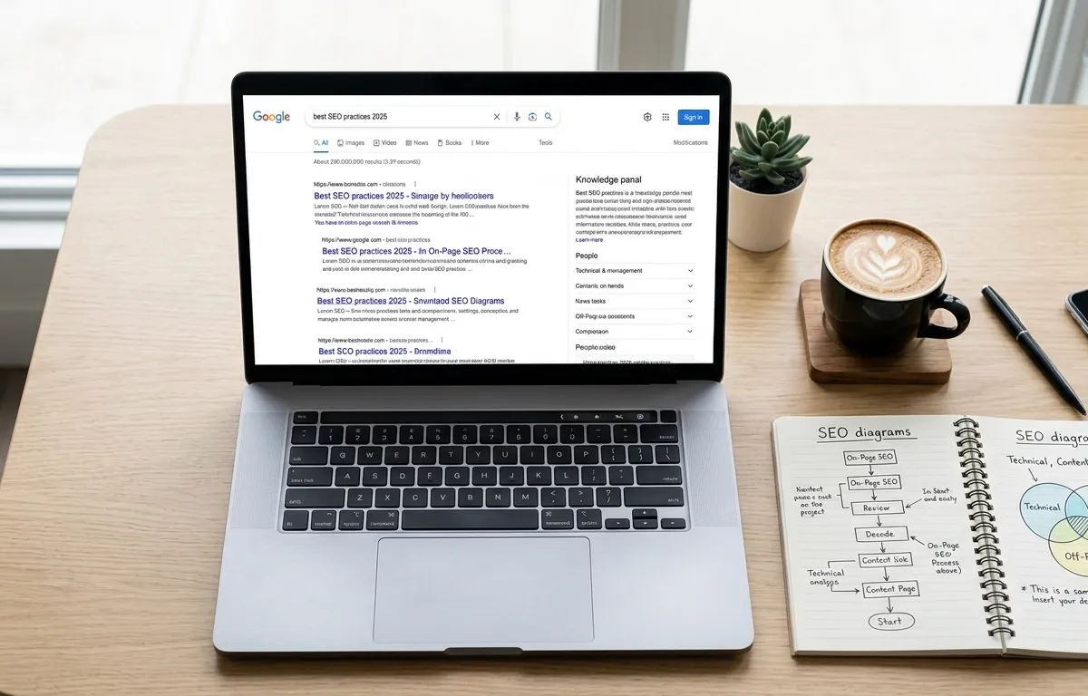Google SEO beginner guide showing search results on laptop
