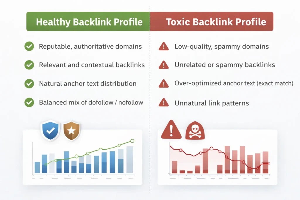 Healthy versus toxic backlink profile comparison infographic