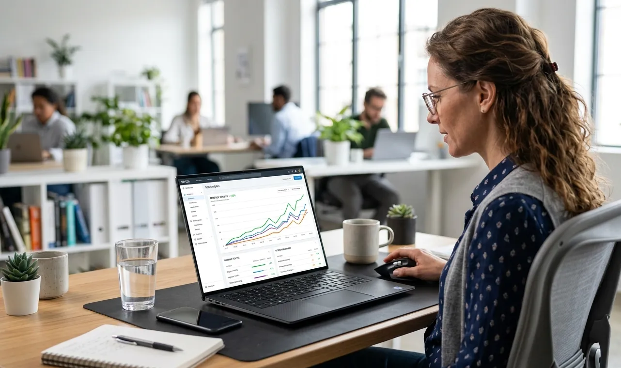 Business owner reviewing SEO analytics and organic traffic data on laptop