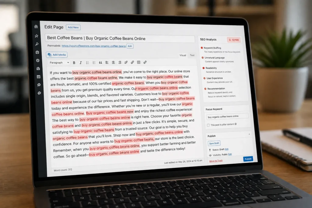 10 Signs Of SEO Over-Optimization Hurting Your Rankings 1 Keyword stuffing example with repeated phrases highlighted