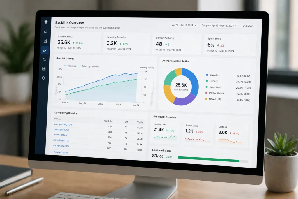 SEO dashboard displaying link building performance metrics and trends