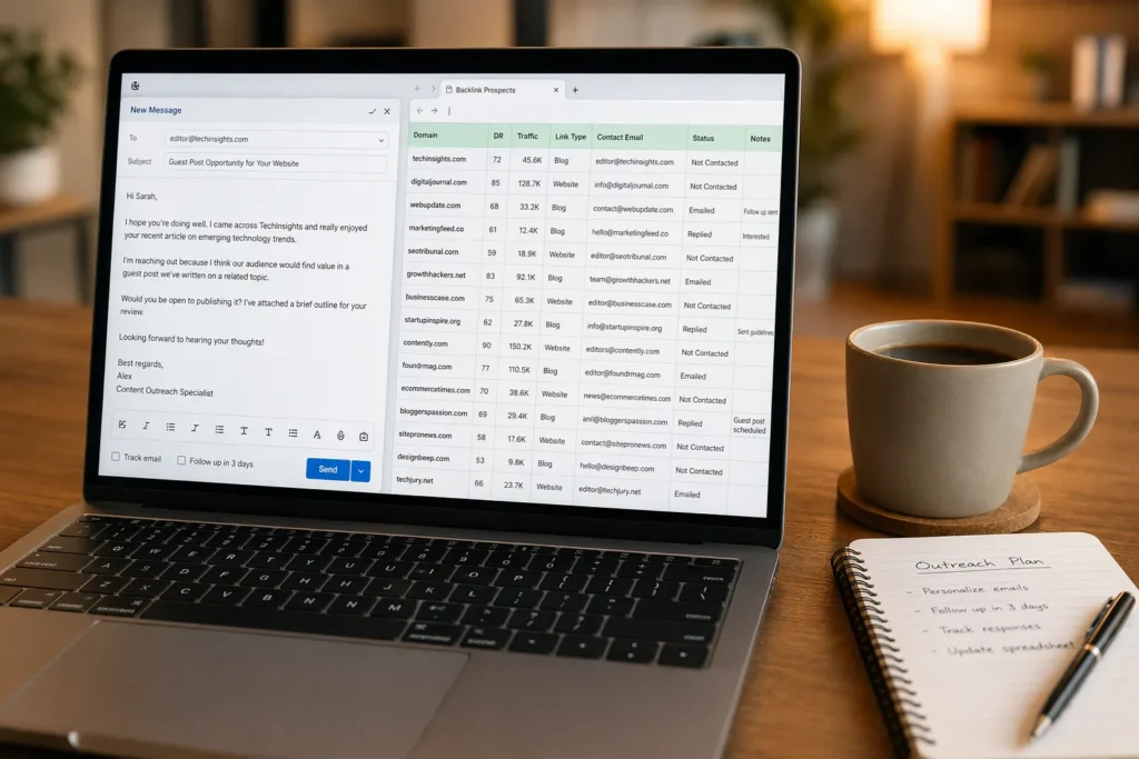Laptop showing link building outreach email and prospect data