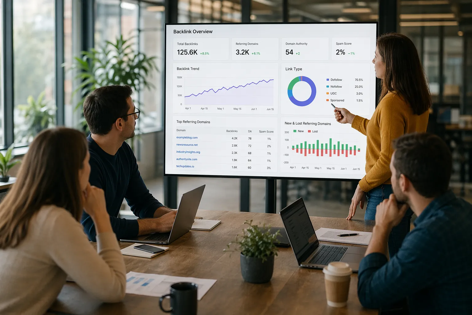 Blog 6 Marketing team reviewing link building metrics on analytics dashboard