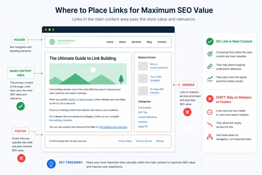 Infographic showing where high-value backlinks should be placed on a page