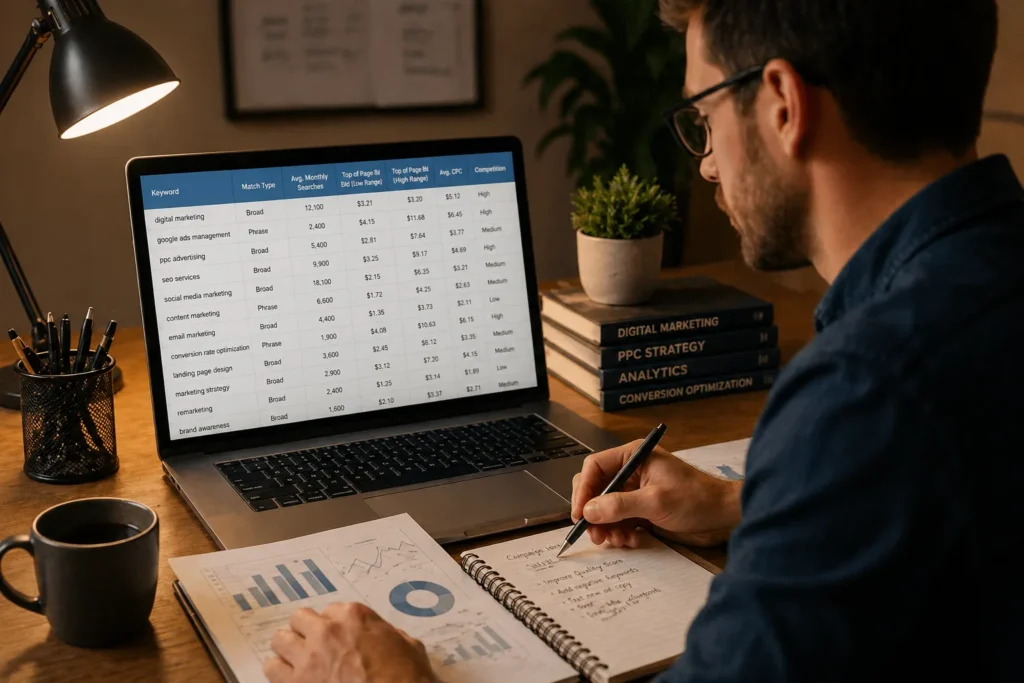 Marketer manually managing Google Ads keyword bids in a spreadsheet