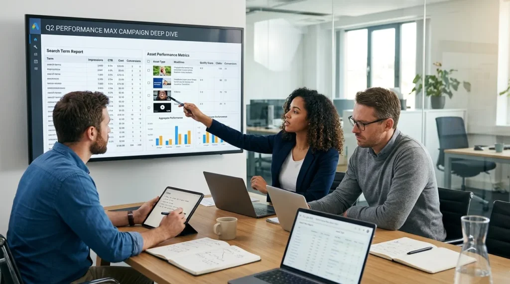 Marketing team reviewing Google Ads Performance Max reporting data
