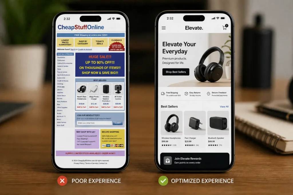 Mobile-optimized e-commerce website before and after comparison