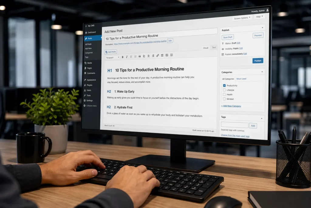 Content editor optimizing on-page SEO headings and page structure