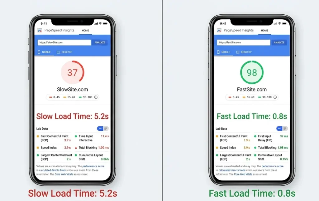 Page speed optimization before and after for Google SEO

