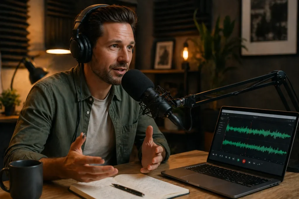 Podcast recording session used for earning backlinks through guest appearances
