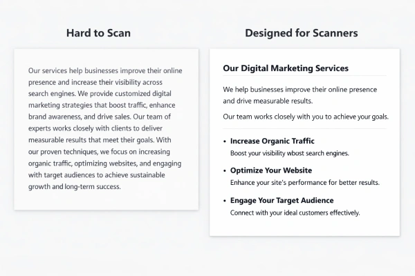 Comparison of dense web copy versus scannable web copy formatted with headings and bullet points