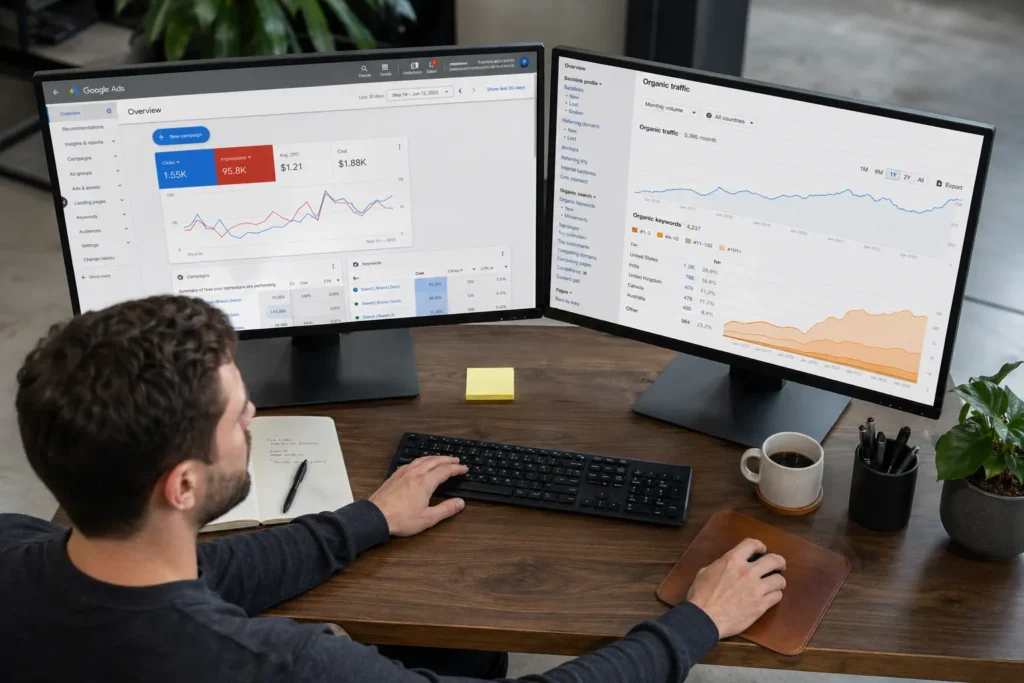 Search engine marketing dashboard with organic and paid data