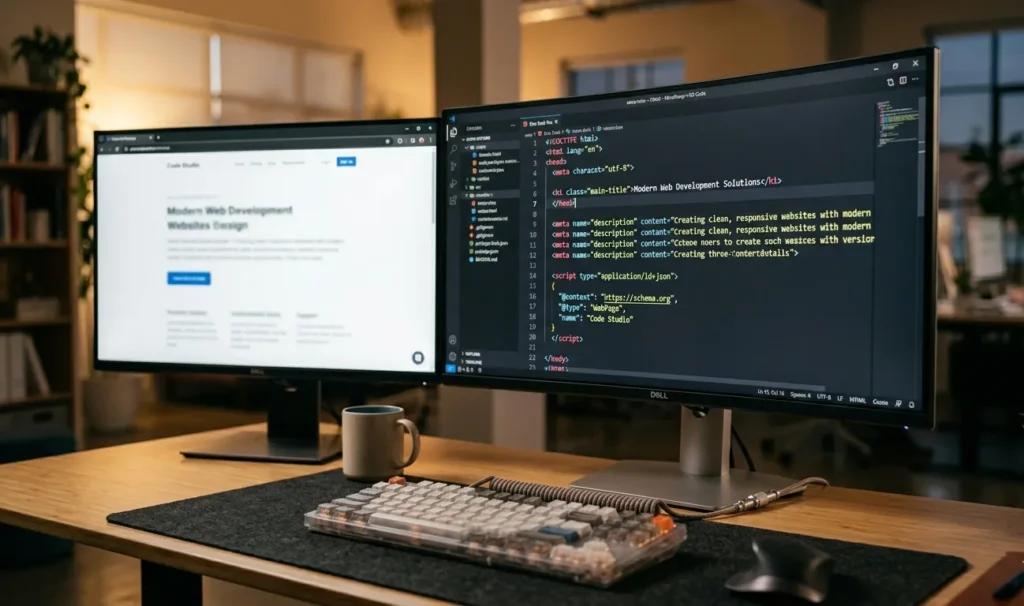 The 3 C's Of SEO In 2026: Content, Code, And Credibility 2 Developer screen showing HTML header tags and schema markup for SEO code optimization