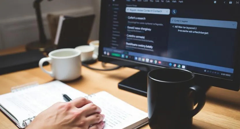 The 3 C's Of SEO In 2026: Content, Code, And Credibility 1 Content strategist workspace with keyword research tools and content planning notes