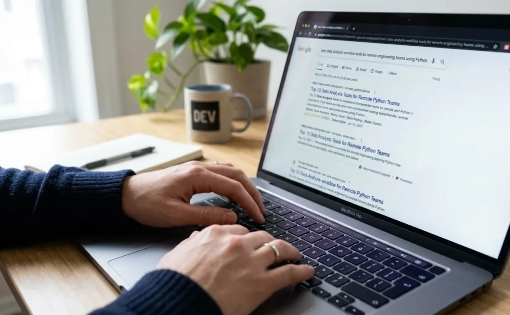 User typing SEO keyword query into Google search bar on laptop
