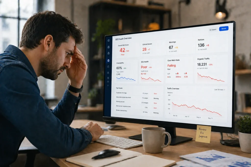 SEO over-optimization audit showing ranking decline on dashboard