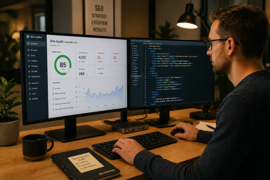 Will AI Replace SEO? What Smart Businesses Need To Know 3 SEO professional analyzing technical audit data across multiple monitors
