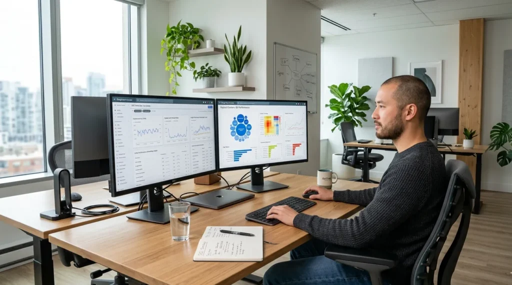 Entity SEO Vs Semantic SEO: What's Different In 2026 2 SEO strategist analyzing entity SEO and semantic SEO performance data