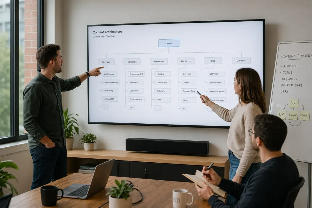 Marketing team reviewing topic cluster content architecture on screen