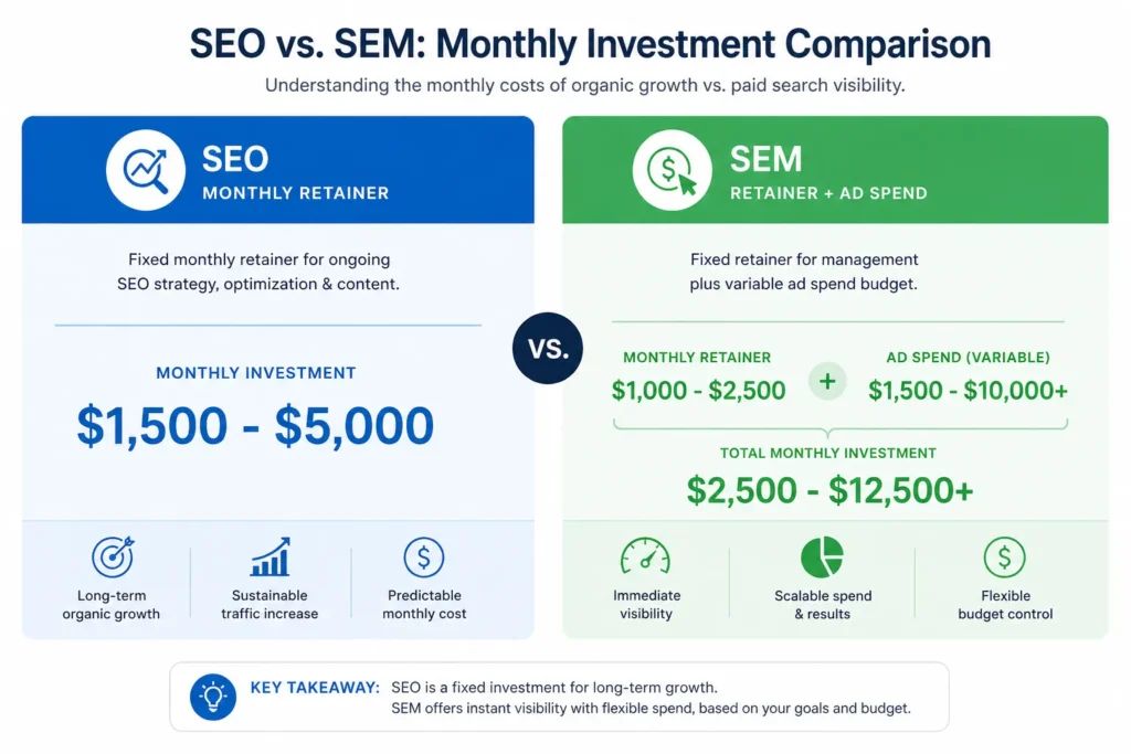 SEO vs SEM monthly cost breakdown infographic 2026