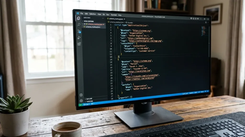 Entity SEO Vs Semantic SEO: What's Different In 2026 1 Structured data schema markup for entity SEO on a computer screen