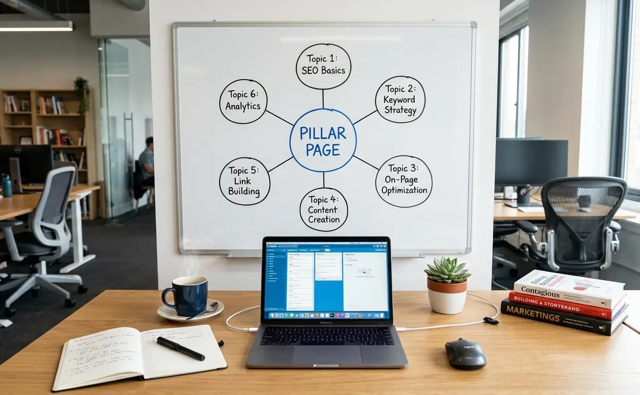 Blog 1 Topic cluster hub-and-spoke diagram showing pillar page linked to supporting content