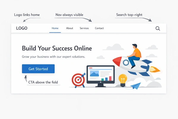 Annotated website layout showing web design conventions including logo placement, navigation, and CTA positioning