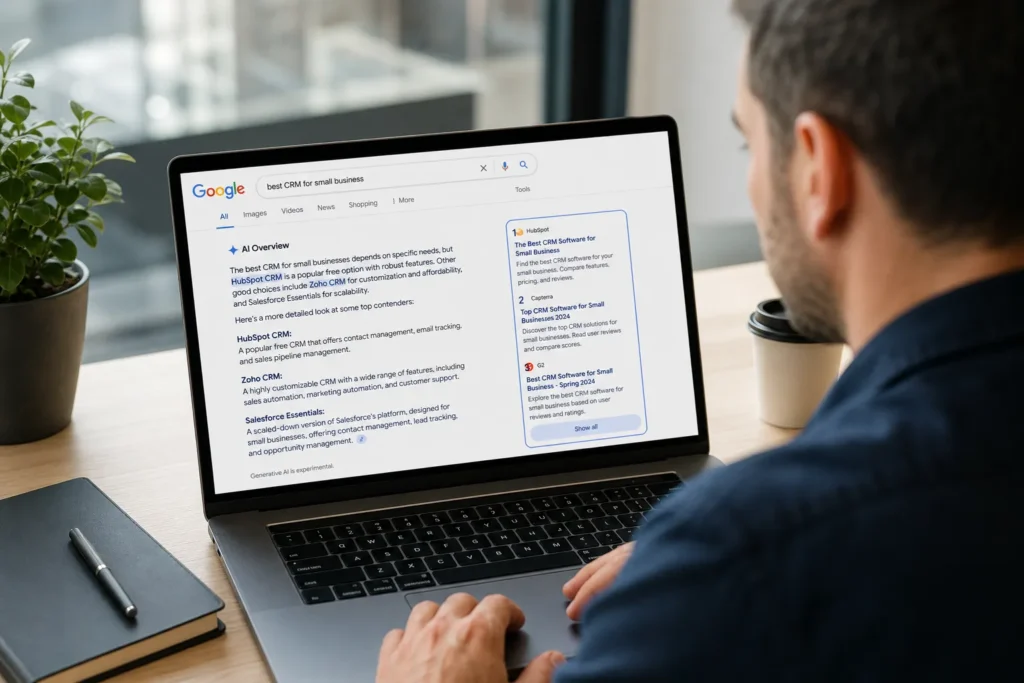 Marketer reviewing AI citations in Google AI Overview search results on laptop