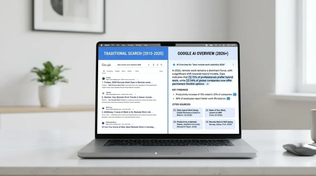 Why GEO Targeting Is The Secret To Higher CTR In 2026 4 Comparison of traditional search results and AI Overview with cited sources