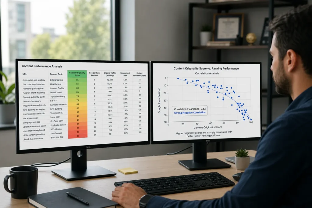 How To Earn AI Citations In 2026 And What Actually Works 2 Data analyst reviewing AI citation performance data on dual monitors with correlation charts