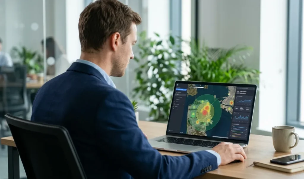 Marketer setting up GEO targeting radius on ad campaign dashboard