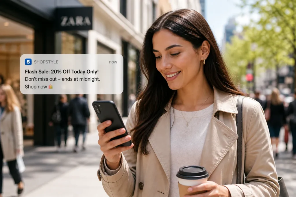 Why GEO Targeting Is The Secret To Higher CTR In 2026 3 Shopper receiving real-time geo-targeted push notification on mobile phone