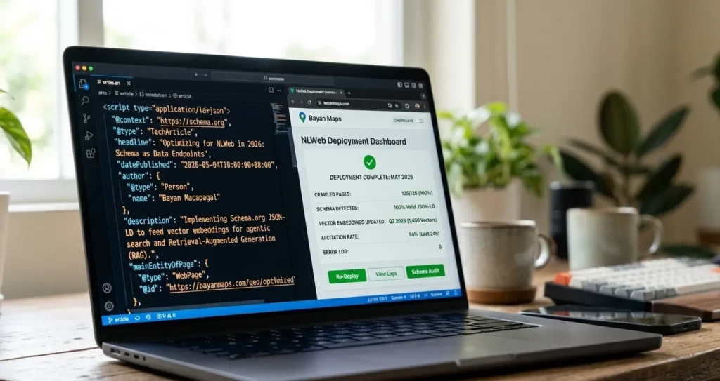 NLWeb Schema Markup: Does It Matter Or Not For SEO? 3 Developer deploying NLWeb with JSON-LD schema markup on laptop