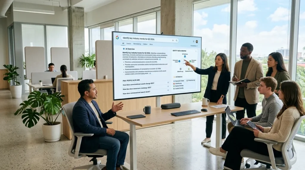 Marketing team reviewing NLWeb schema markup AI search results on monitor