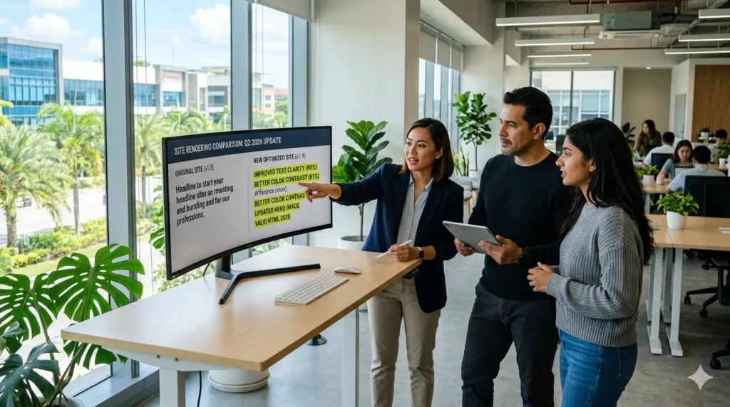 SEO team reviewing SSR versus CSR rendering audit results on monitor