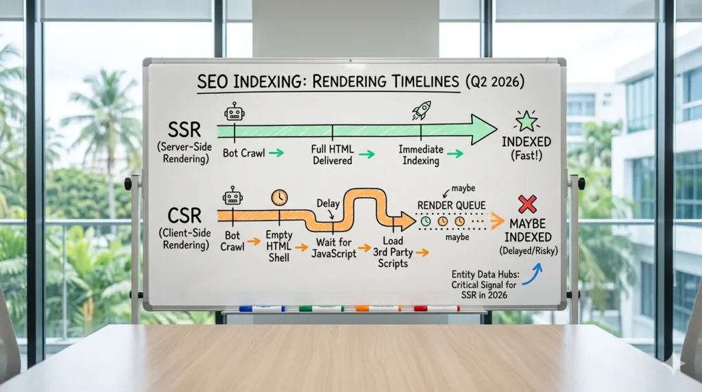 Whiteboard diagram comparing SSR fast indexing versus CSR delayed rendering