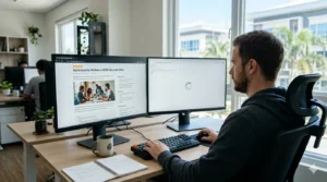 Developer comparing SSR rendered HTML versus CSR empty HTML shell on dual monitors