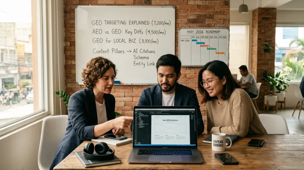 How To Earn AI Citations In 2026 And What Actually Works 3 Small startup team building content strategy for AI search visibility in coworking space