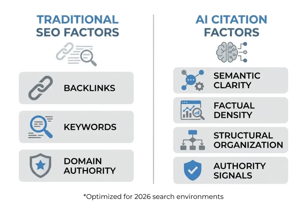 How To Earn AI Citations In 2026 And What Actually Works 1 Infographic comparing traditional SEO ranking factors versus AI citation selection criteria