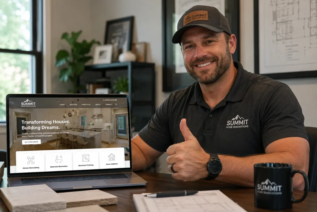 a happy home remodeling contractor on his new website