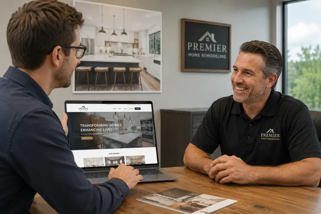 presenting the new home remodeling website to the owner