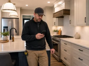 Contractor sending an automated review request text after a kitchen job